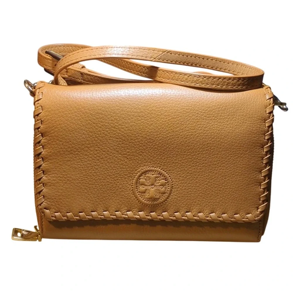 Tory Burch Miller Wallet on Chain Tan Pebble Leather Whipstitch Crossbody Bag